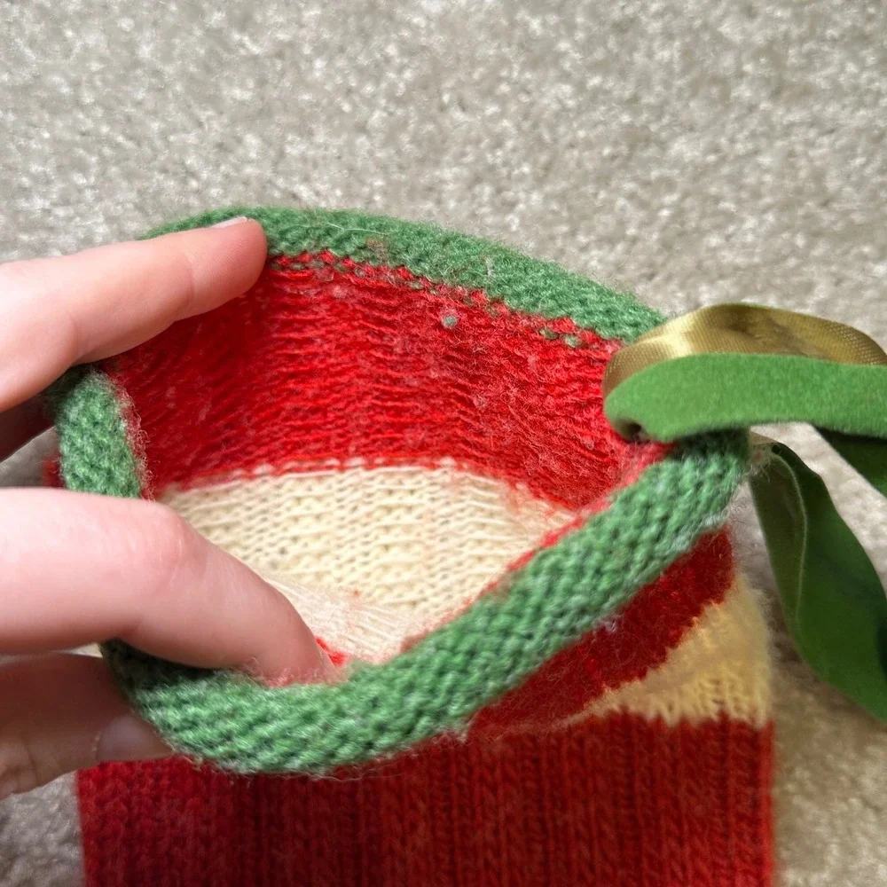 Hand Knit Christmas Stocking Red Cream Green Stripe‎ Hanging Loop Wool